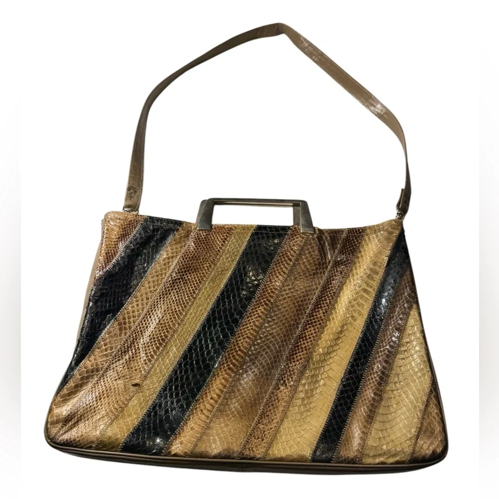 Vintage Snakeskin Shoulder Bag Striped Leather Handbag Funky Purse - Picture 1 of 16